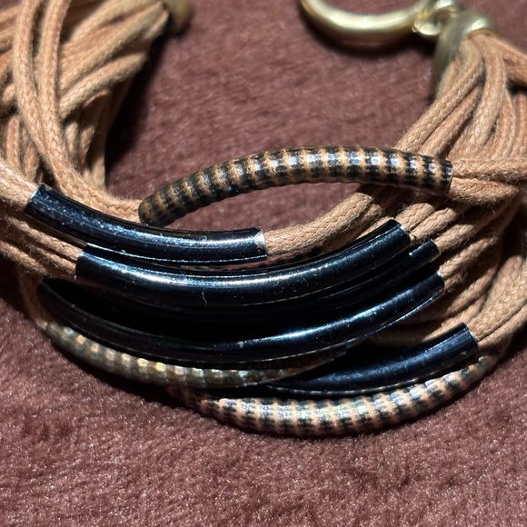 Tan/Green/Silver Women's Twelve Double Strand Cord Toggle Closure Bracelet - Picture 8 of 11